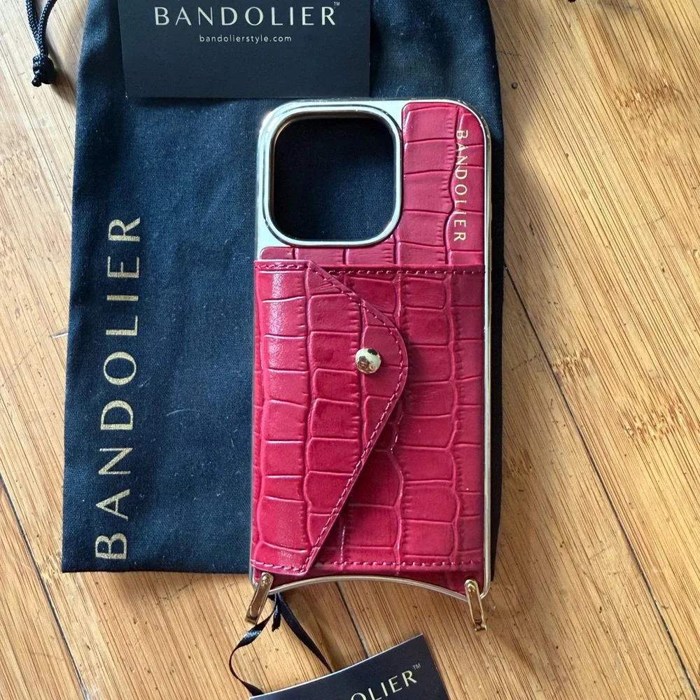 Red Croc-Embossed Phone Case with Gold Chain